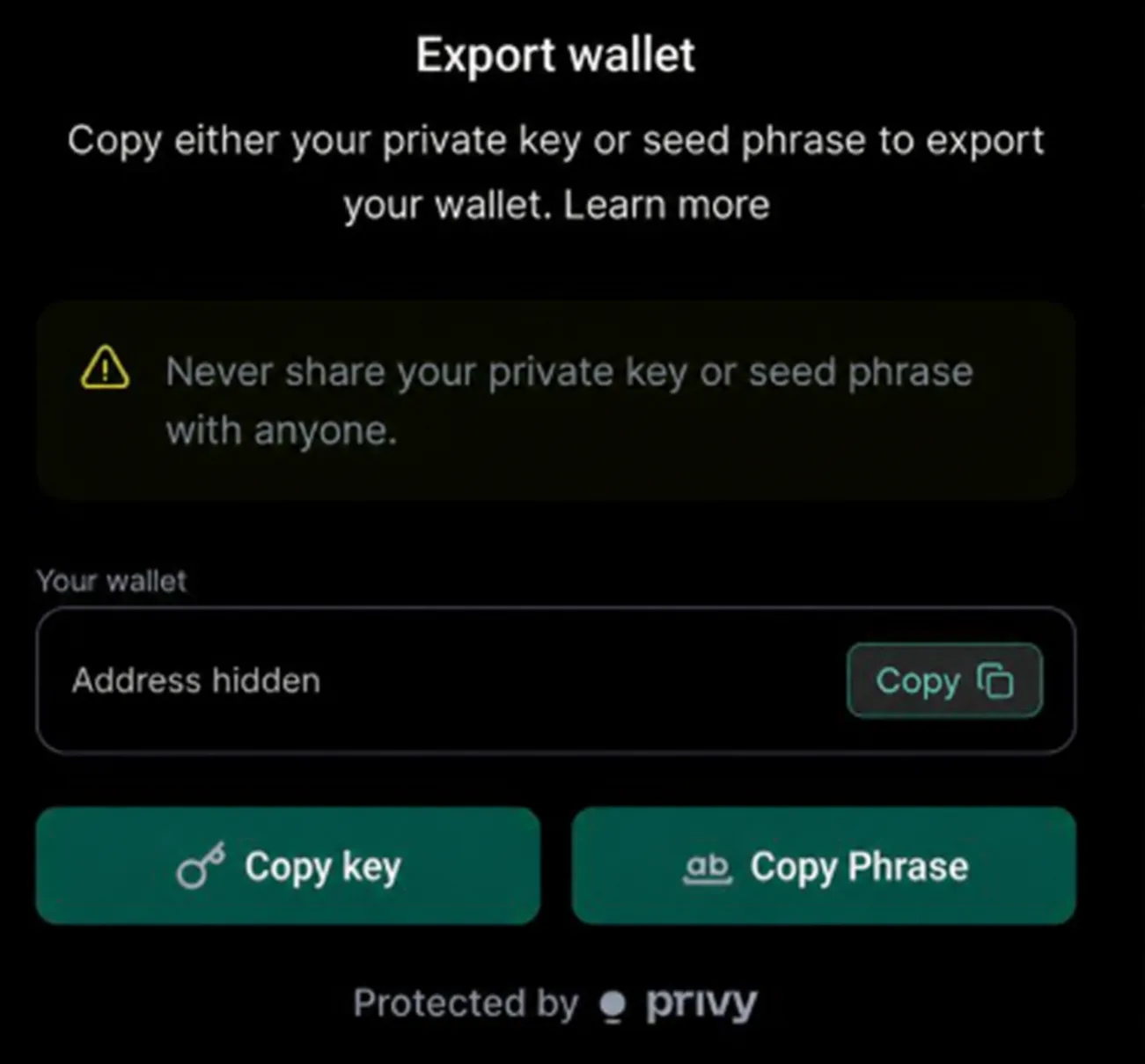 개인정보를 가린 Export wallet 예시. 왼쪽 아래 Copy key 버튼으로 개인키를 복사합니다.