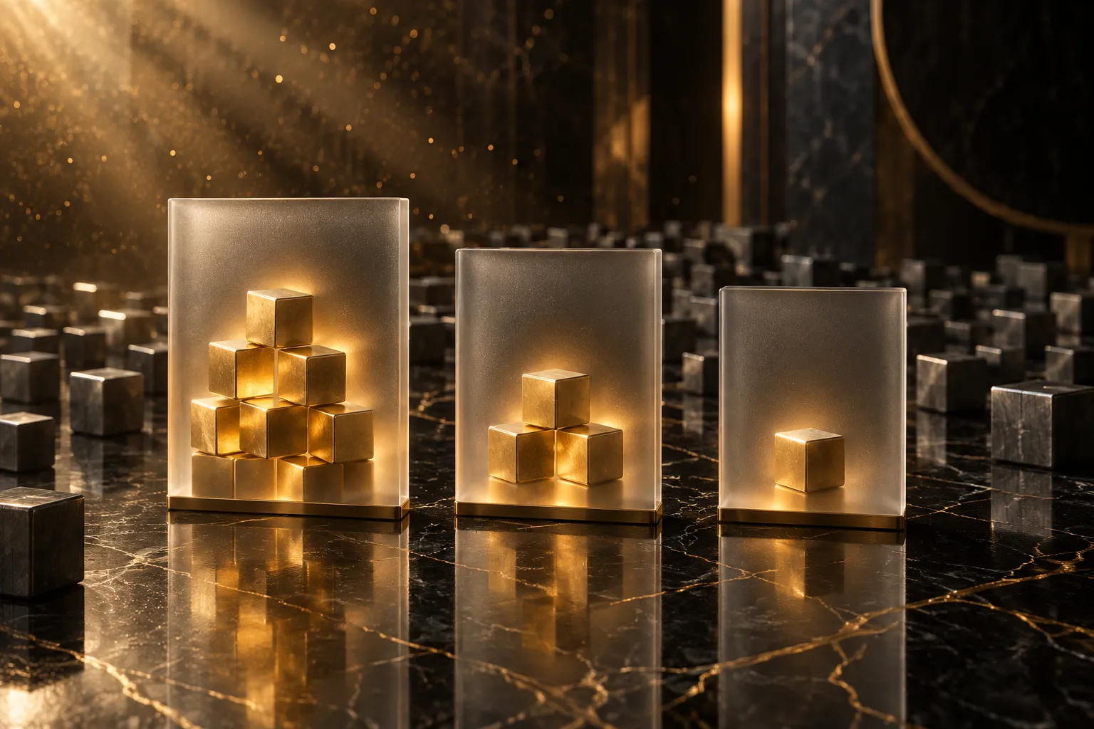 3D concept of candidate strategies being filtered through review stages: a crowd of grey cubes at the back thins out to a few gold cubes inside glass panels at the front