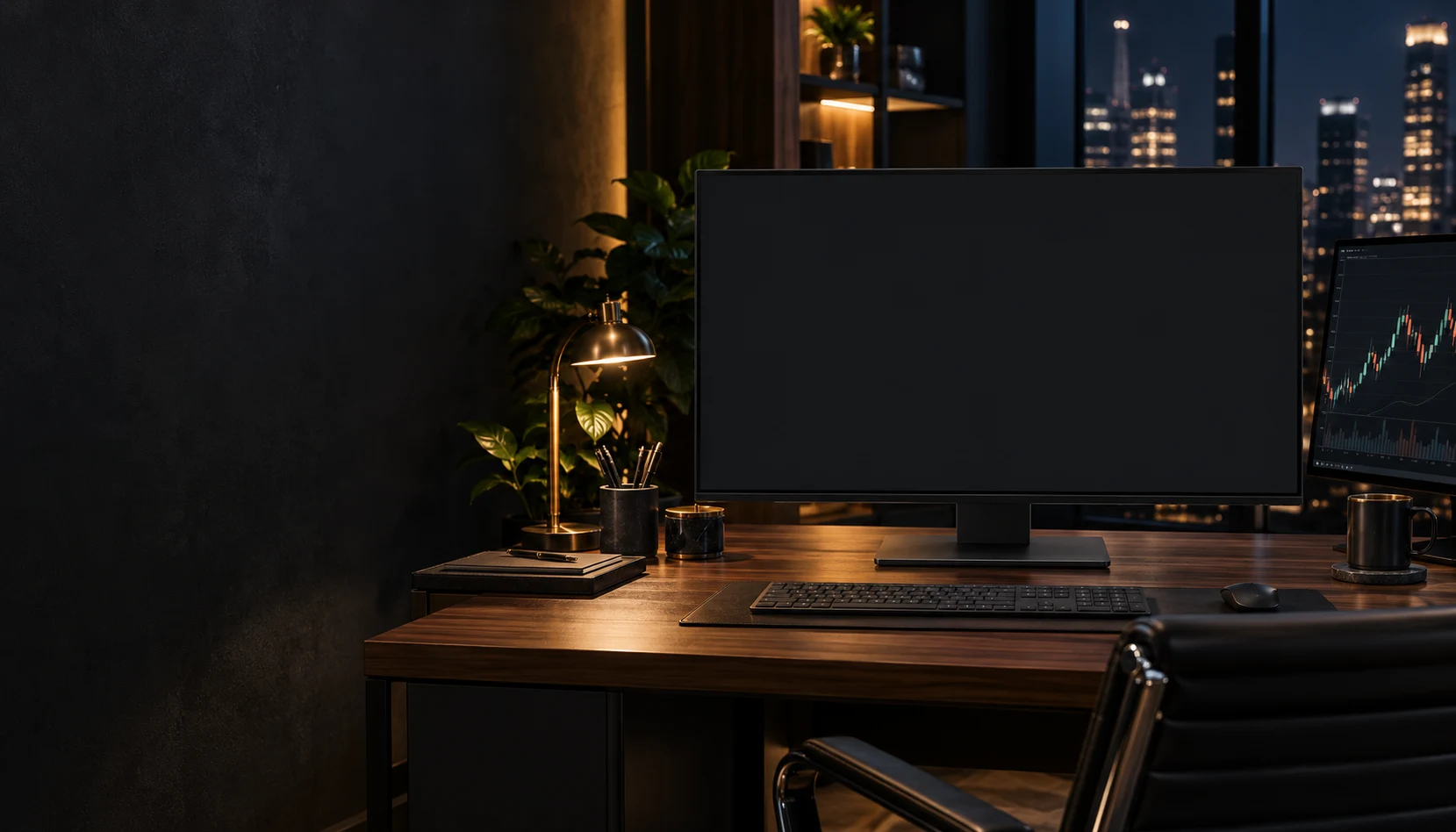 Trading workspace concept with warm lighting and a chart monitor